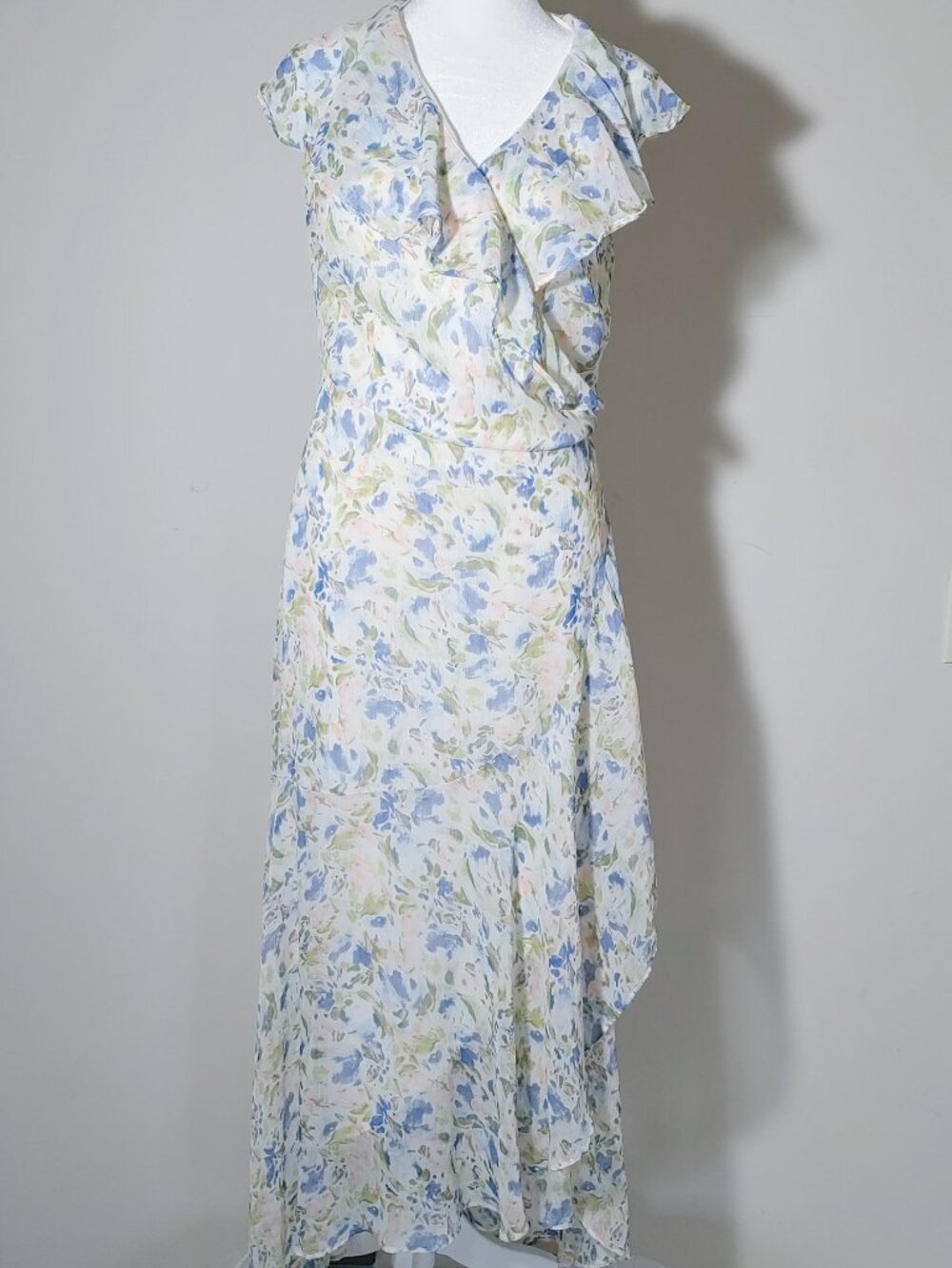 LC Lauren Conrad Ruffled Wrap Up Floral Maxi Dress Size L Blue